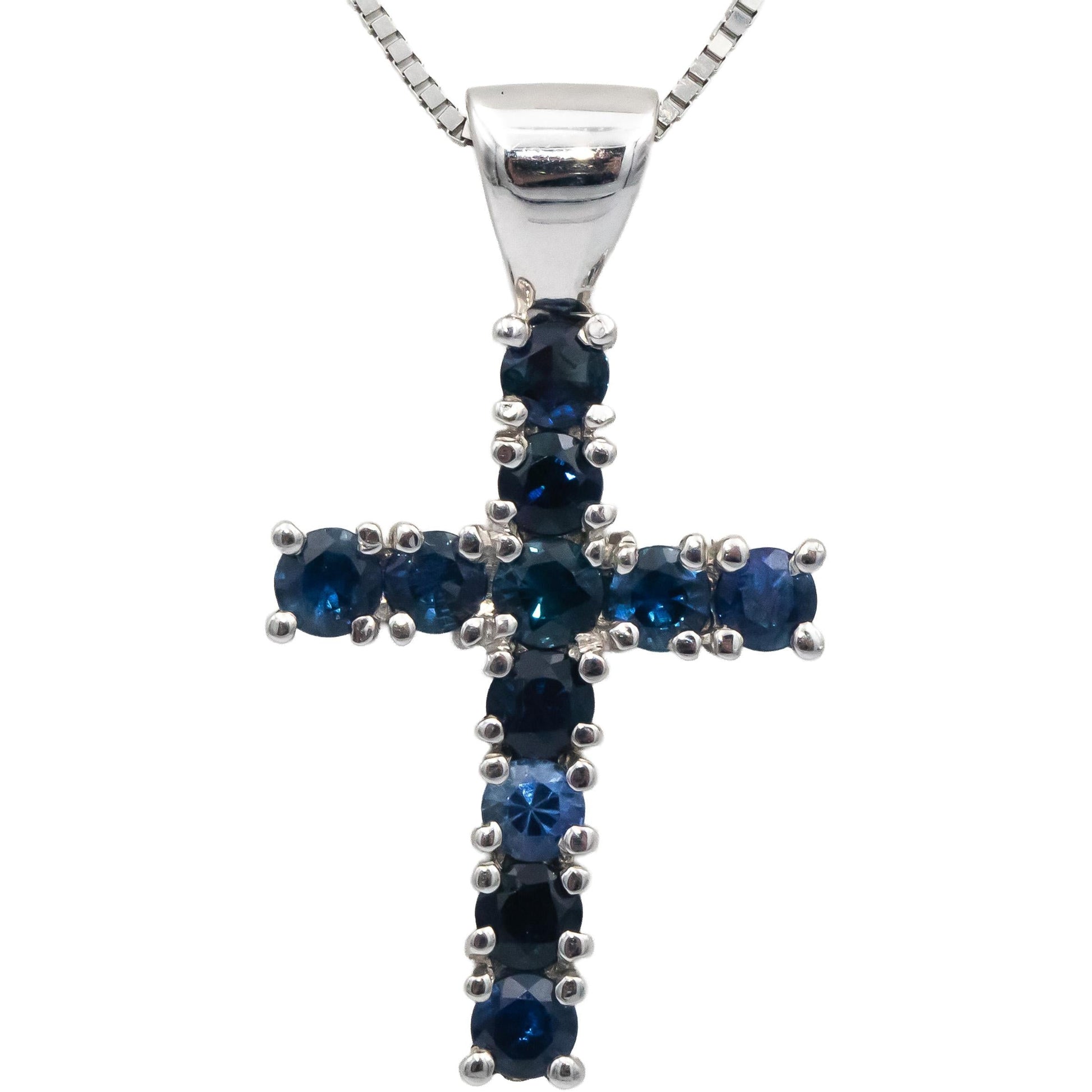 14k White Gold 1.50CT Round Cut Blue Topaz Cross Crucifix Pendant Necklace