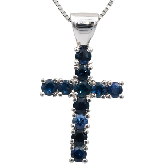 14k White Gold 1.50CT Round Cut Blue Topaz Cross Crucifix Pendant Necklace