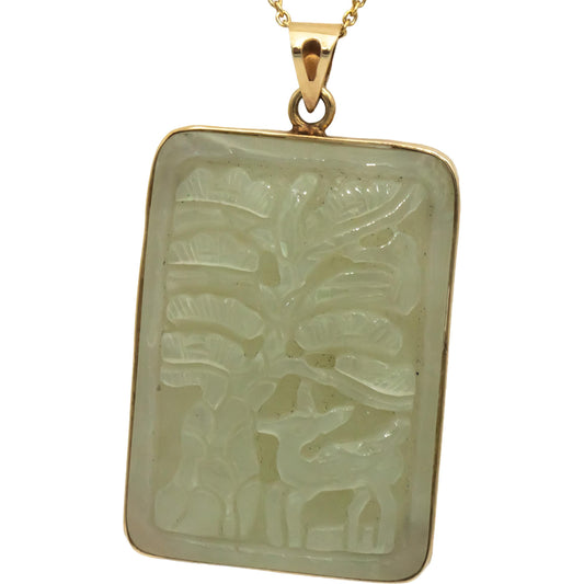 14k Yellow Gold 33.5 x 23.5mm Carved Tree Forest Motif Jade Pendant Necklace