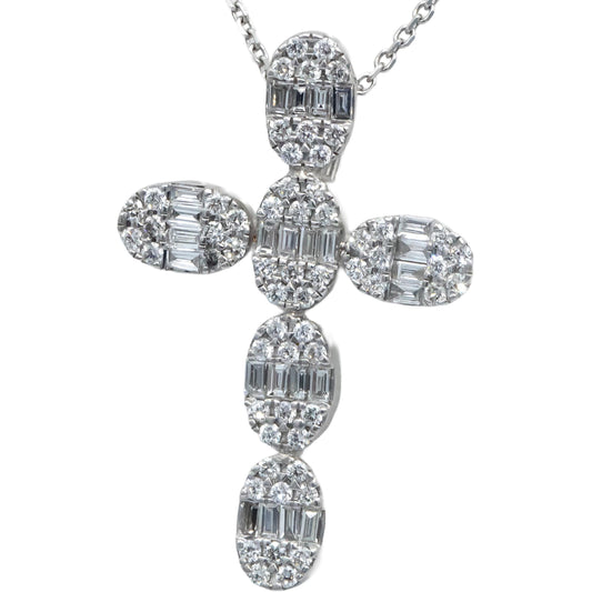 18k White Gold 1.0CT VS Baguette & Round Diamond Cross Crucifix Pendant Necklace