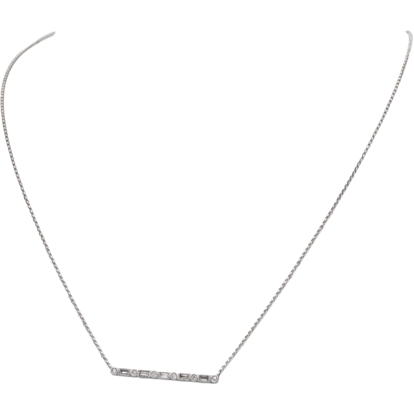 18k White Gold 0.15CT VS Round & Baguette Diamond Fixed Bar Pendant Necklace