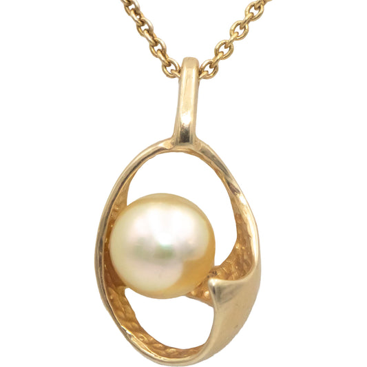 14k Yellow Gold Jewelry 6.5mm Pearl Solitaire Abstract Pendant Necklace Chain