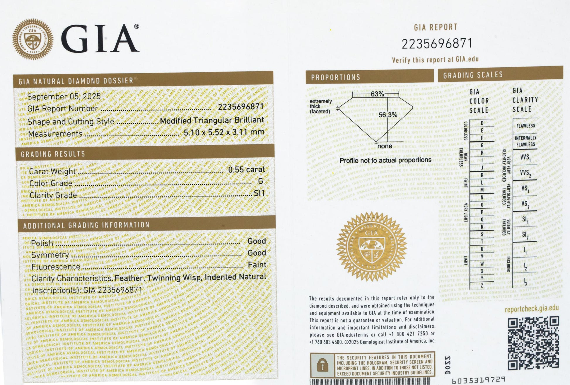 GIA Certified SI1/G Modified Trillion Brilliant Loose Diamond 0.55CT