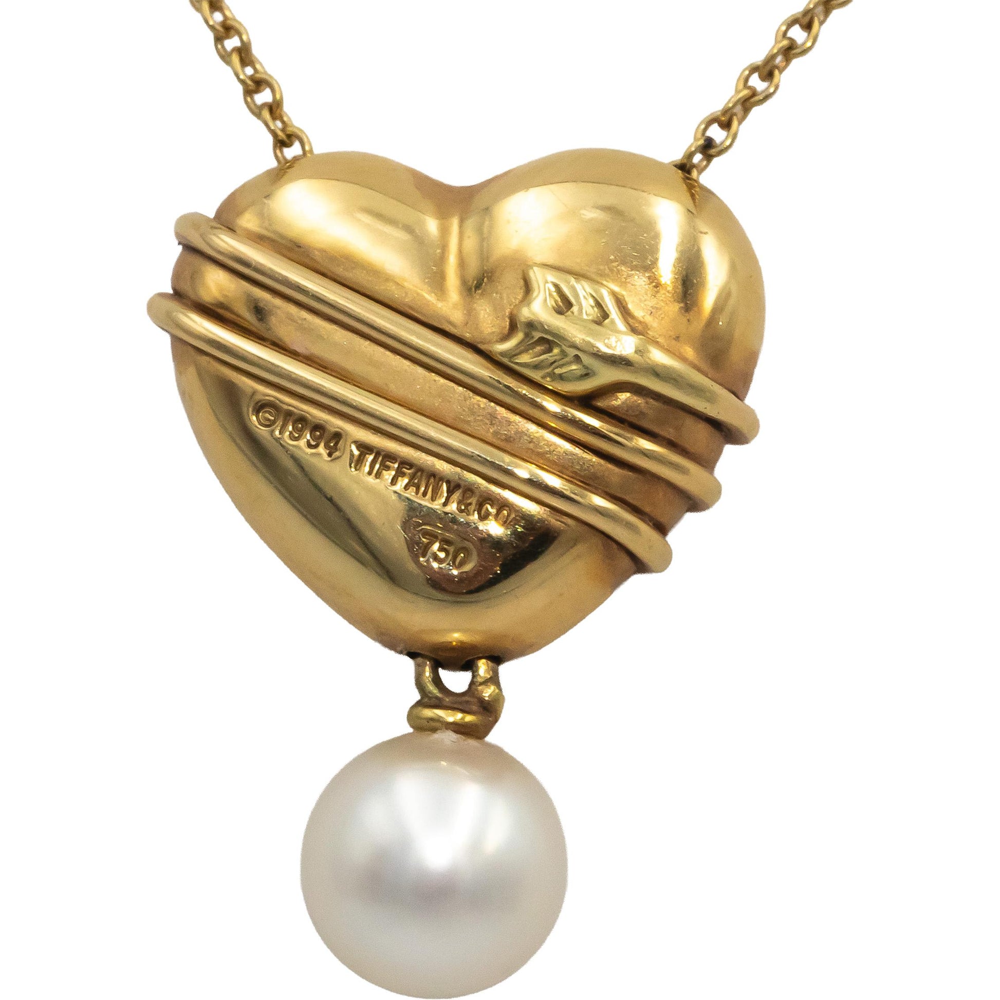TIFFANY & CO. 18k Gold Cupid's Arrow Puff Heart 6.9-7.0mm Pearl Pendant Necklace