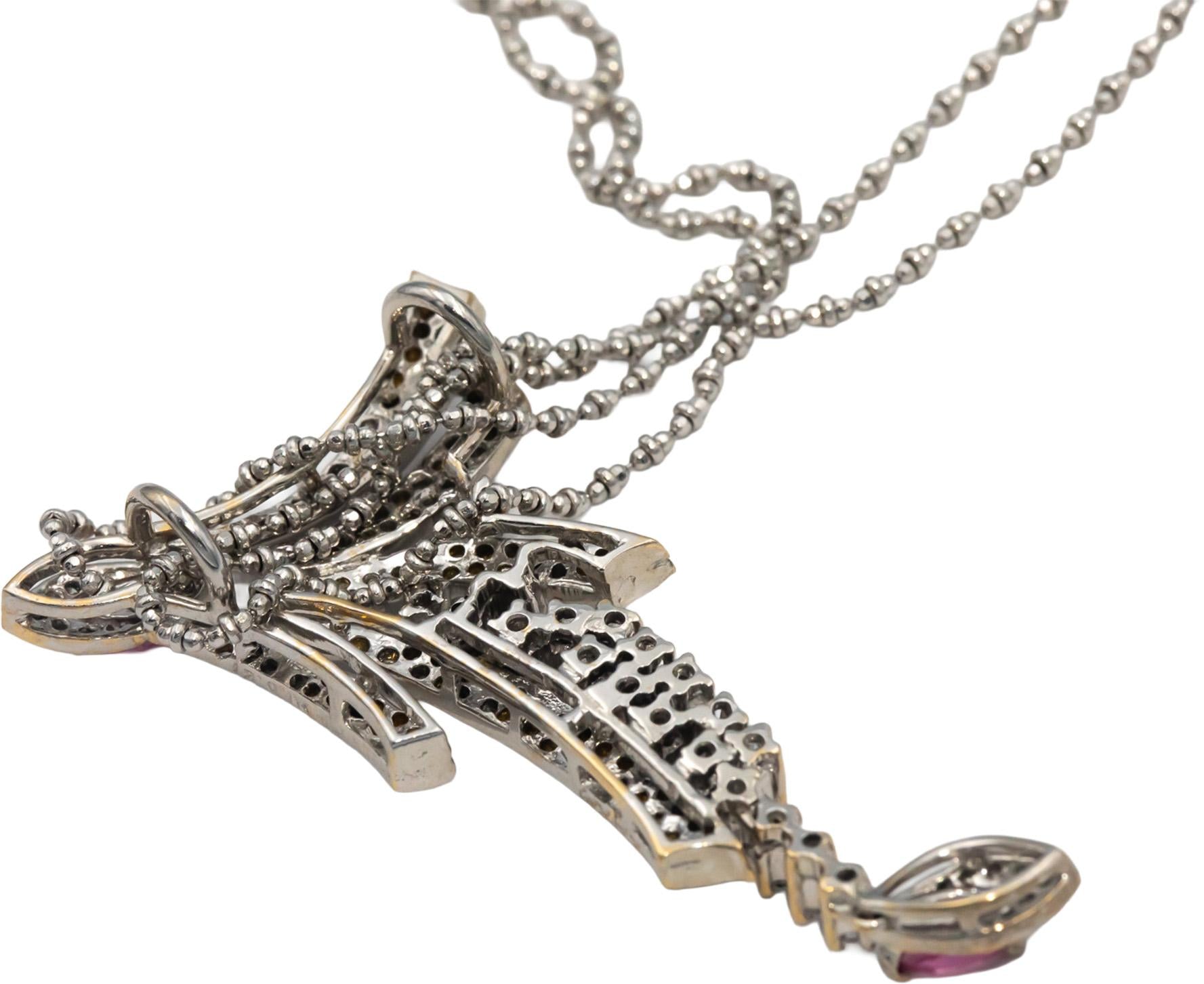 18k White Gold VS Round Diamond & Marquise Pink Sapphire Pendant Necklace 1.11CT