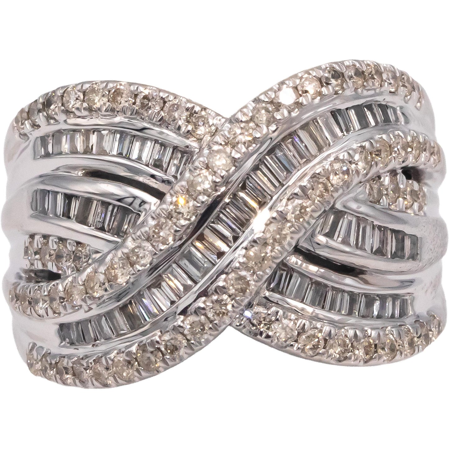 10k White Gold Round & Baguette Cut Diamond Crossover Cocktail Ring 1.0CT Size 7