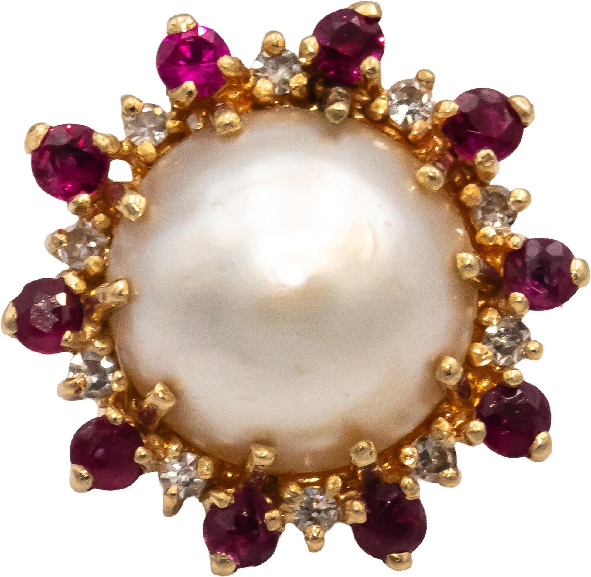 14k Yellow Gold Diamond Ruby & 12mm Mabe Pearl Cocktail Ring 0.40CT Size 7.5
