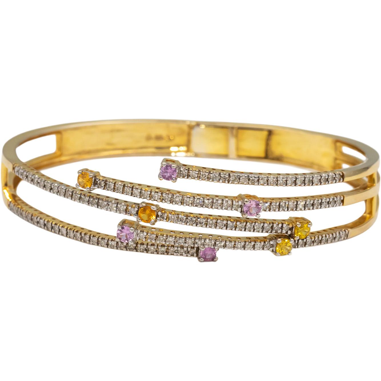 14k Yellow Gold Round Diamond Pink & Yellow Sapphire Bangle Bracelet 2.0CT
