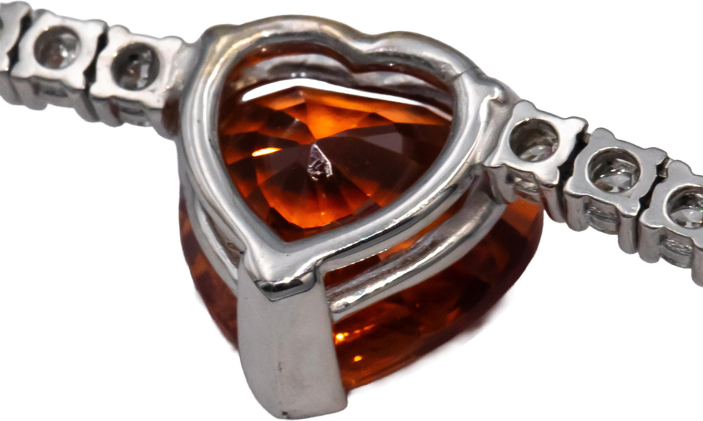 14k White Gold Heart Cut Orange Garnet VS Round Diamond Formal Necklace 10.58CT
