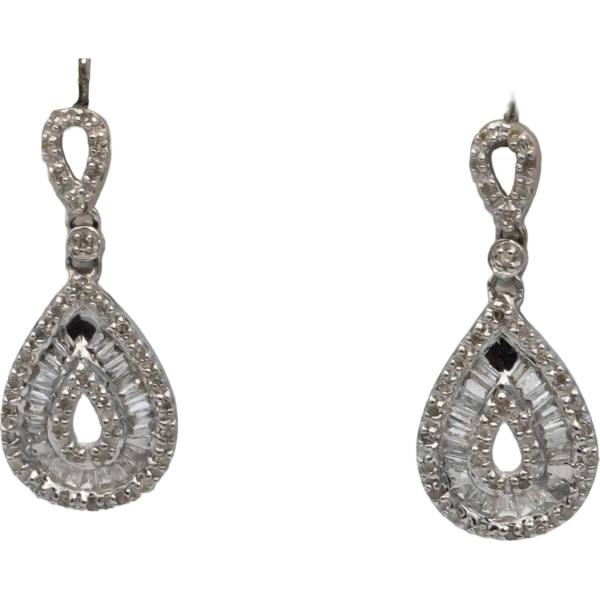 14k White Gold Round & Baguette Cut Diamond Drop Dangle Earrings 0.50CT