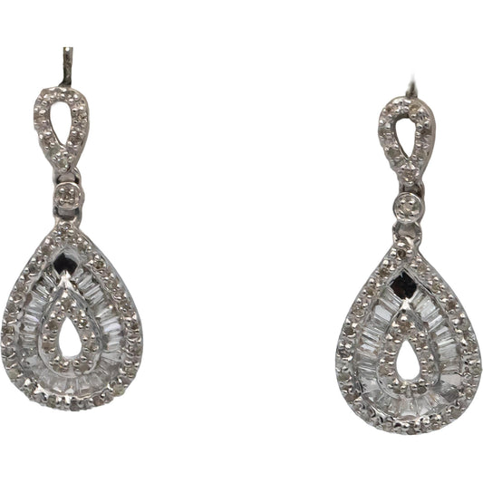 14k White Gold Round & Baguette Cut Diamond Drop Dangle Earrings 0.50CT
