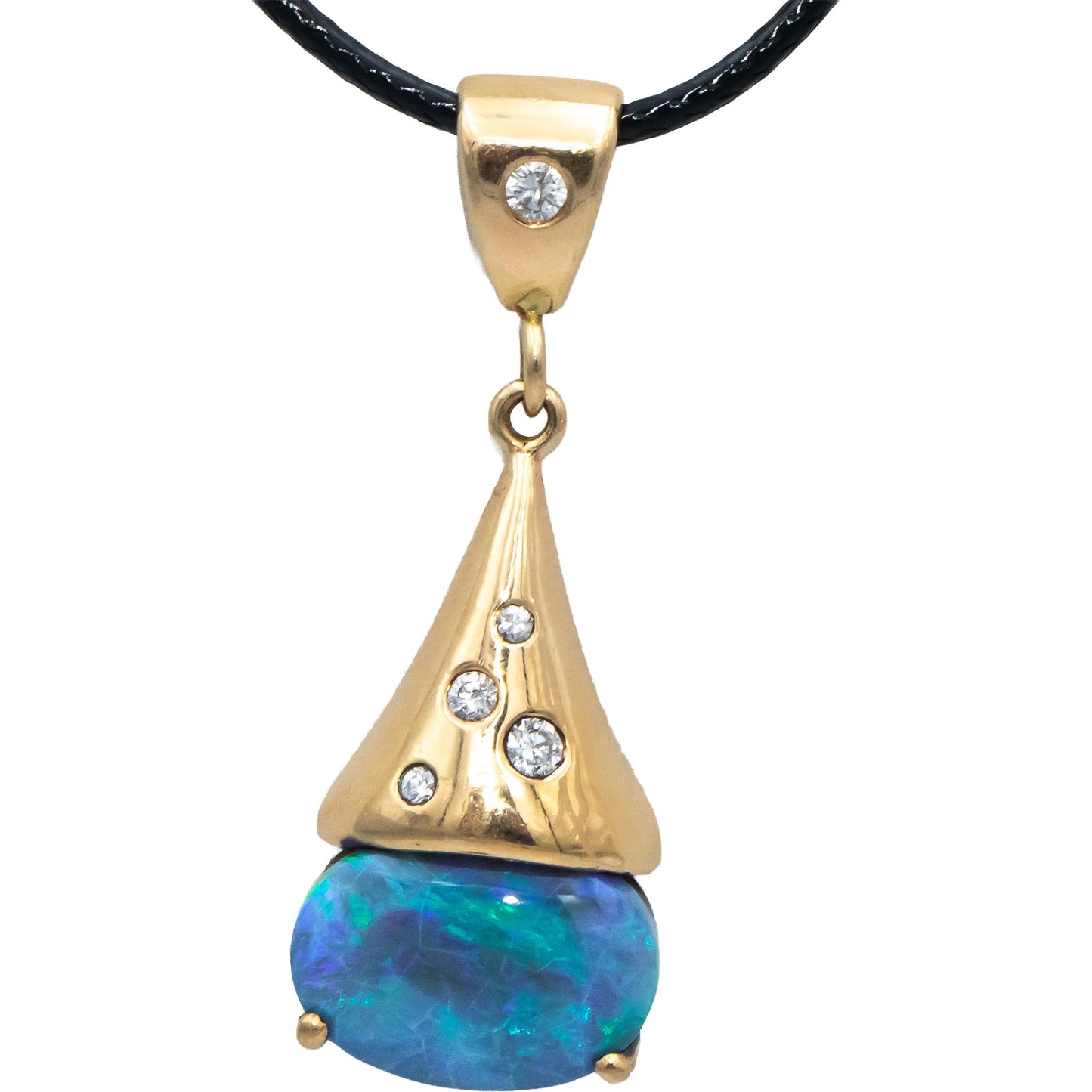 14k Yellow Gold Cabochon Opal Round Diamond Pendant Necklace 3.0CT