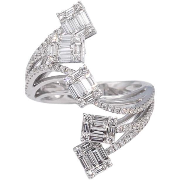 18k White Gold VS Baguette & Round Diamond Cocktail Ring 2.0CTW Size 7