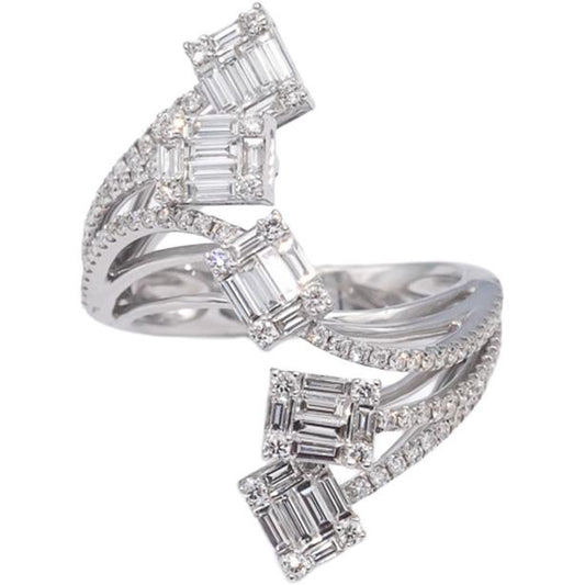 18k White Gold VS Baguette & Round Diamond Cocktail Ring 2.0CTW Size 7