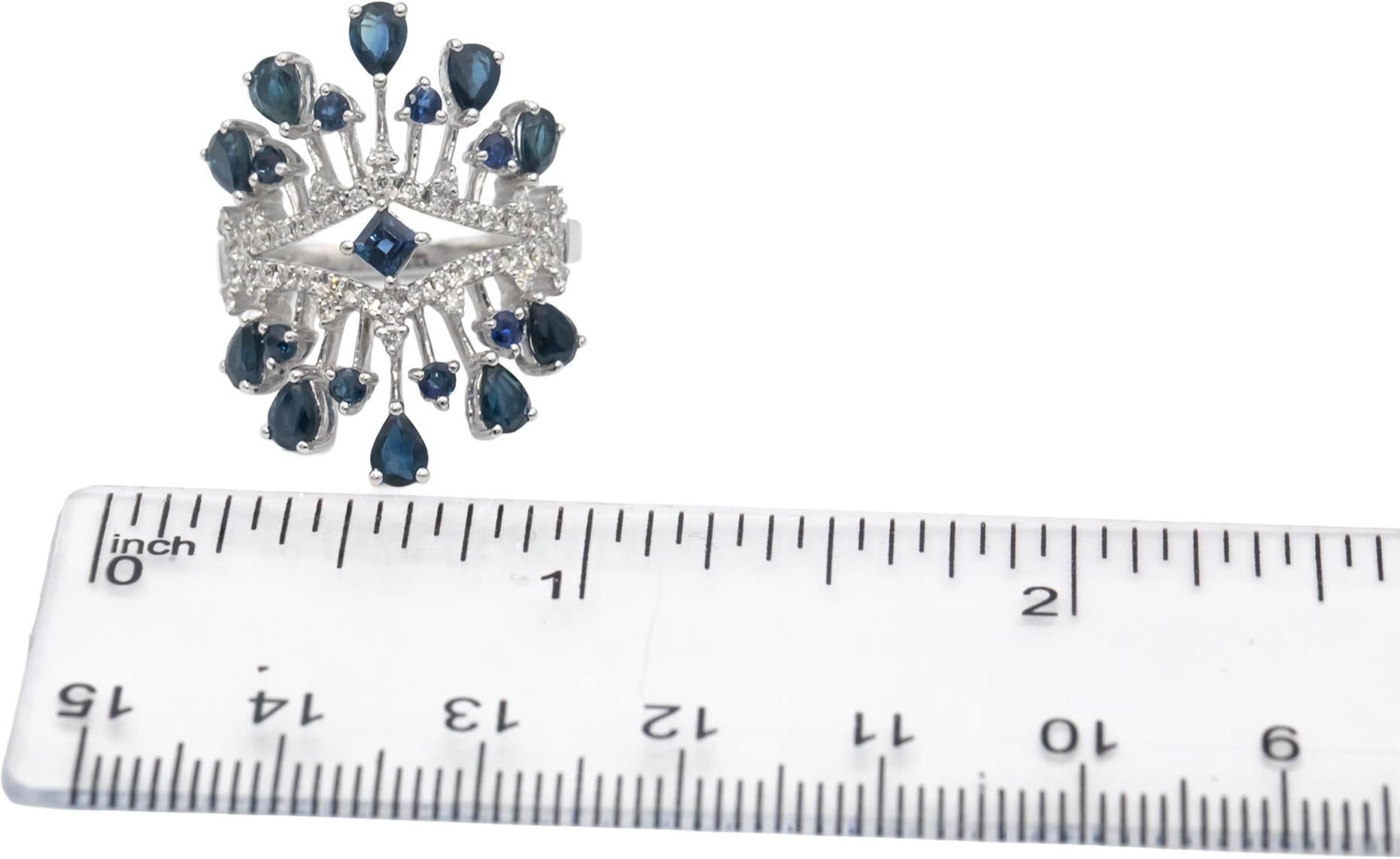 18k White Gold Diamond & Blue Sapphire Cluster Cocktail Ring 2.25CTW Size 7.25