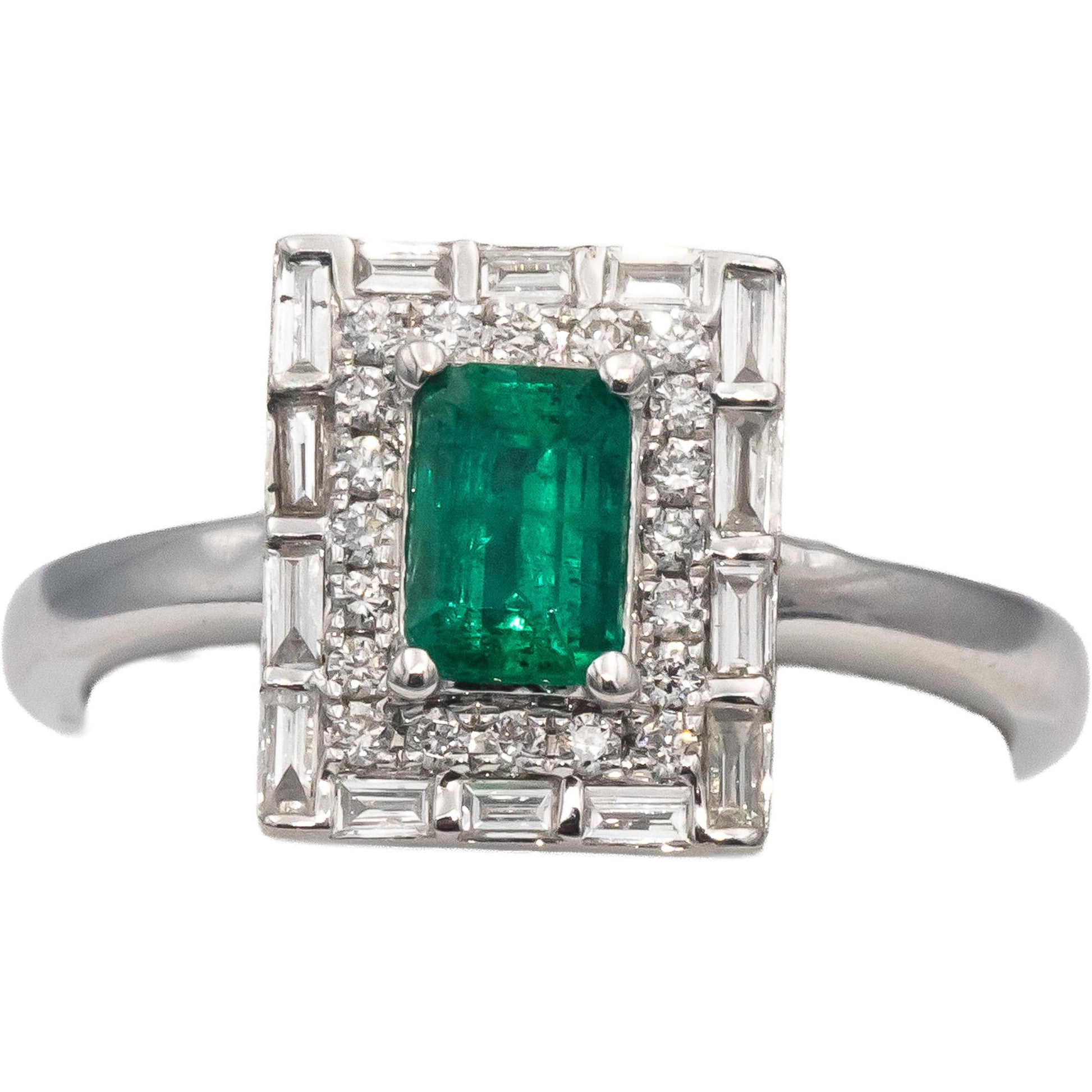18k White Gold Emerald and Diamond Rectangle Halo Ring 0.70CTW Size 6