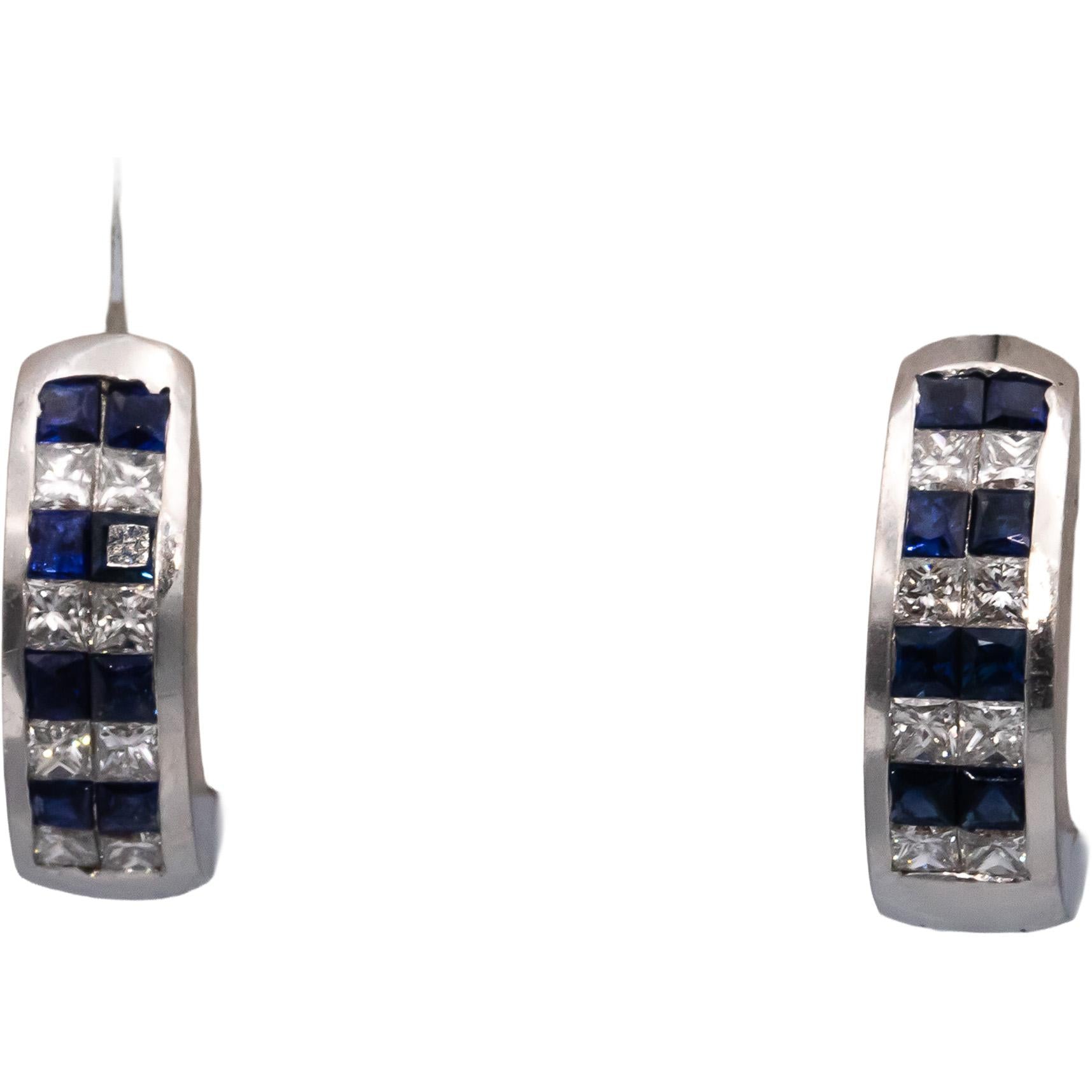 18k White Gold VS Princess Cut Diamond & Blue Sapphire Huggie Earrings 1.10CTW