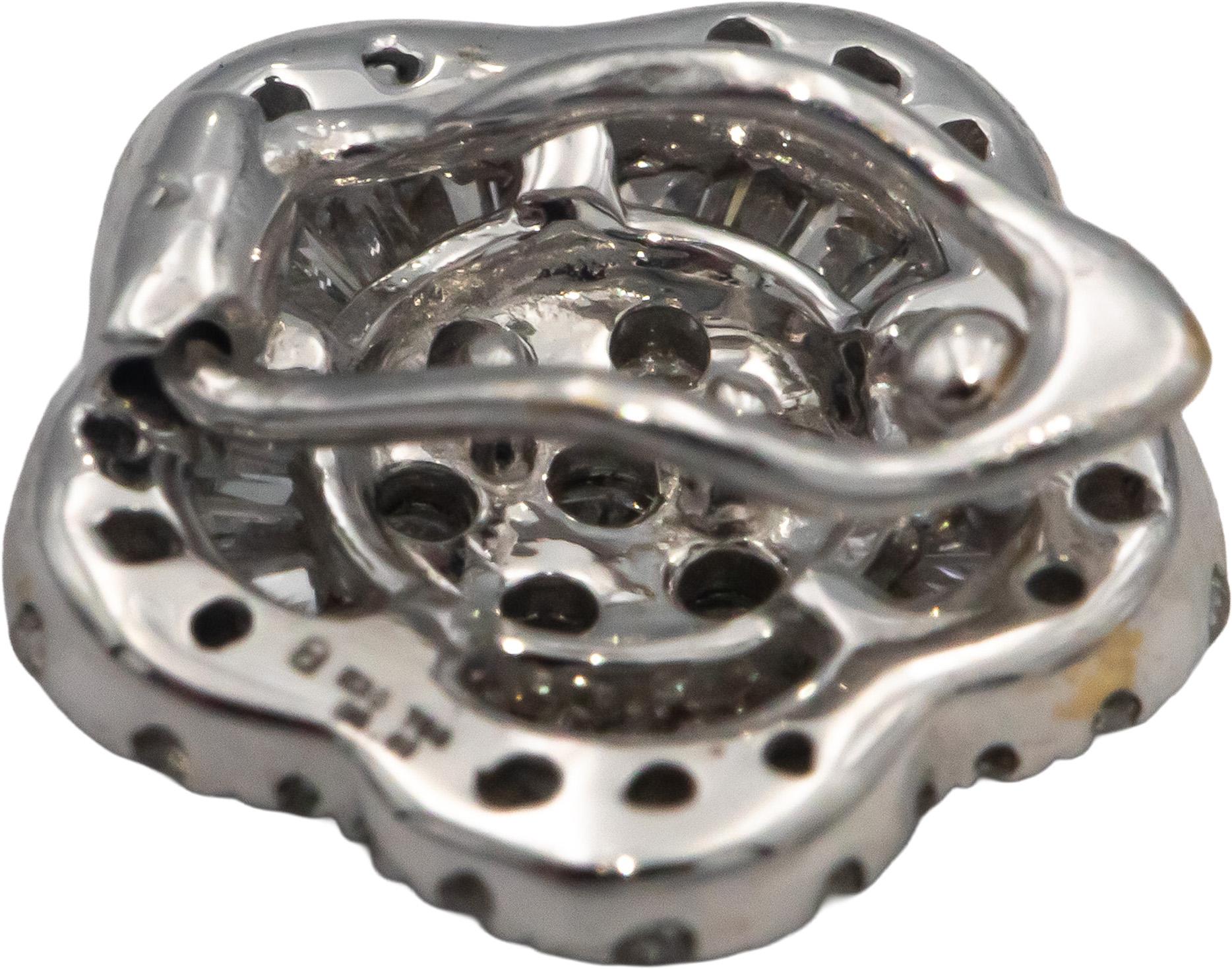 18k White Gold Round & Baguette Cut Diamond Flower Ring Pendant 0.40CT Size 6