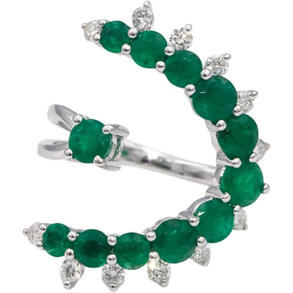 18k White Gold Round Emerald & Diamond Bypass Ring 3.45CTW Size 7