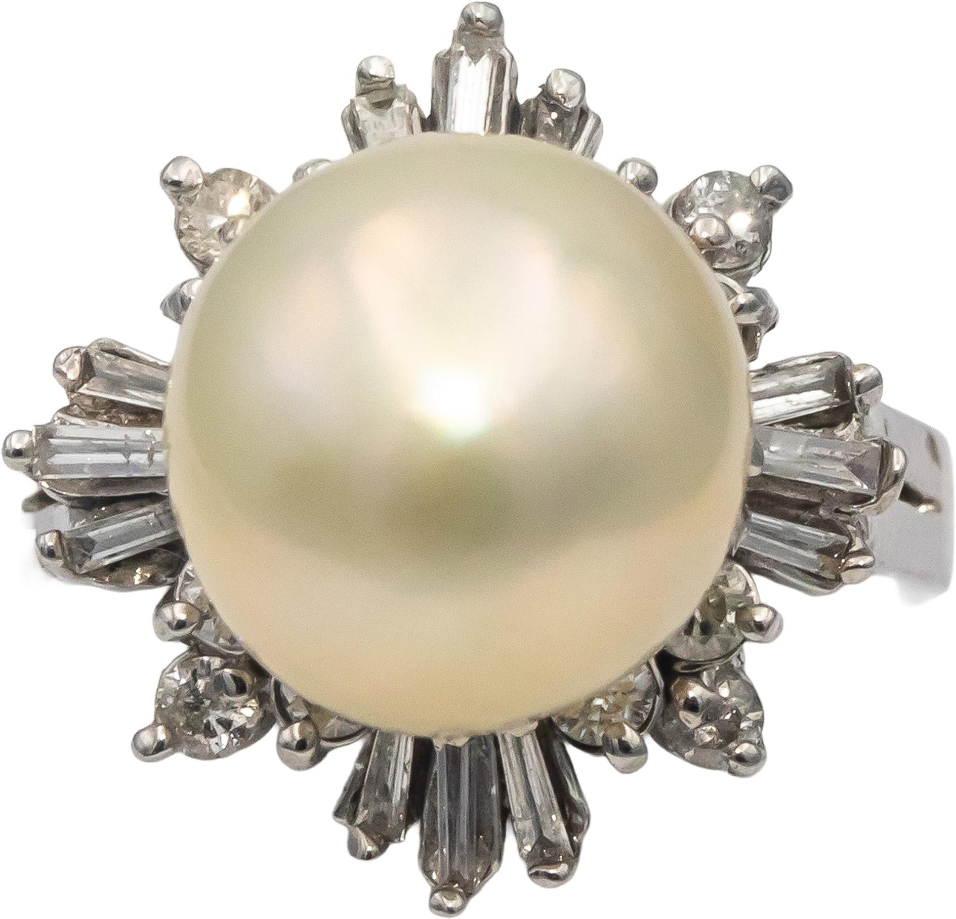14k White Gold 11.0mm Pearl Round & Baguette Diamond Ring 0.50CT Size 4.75