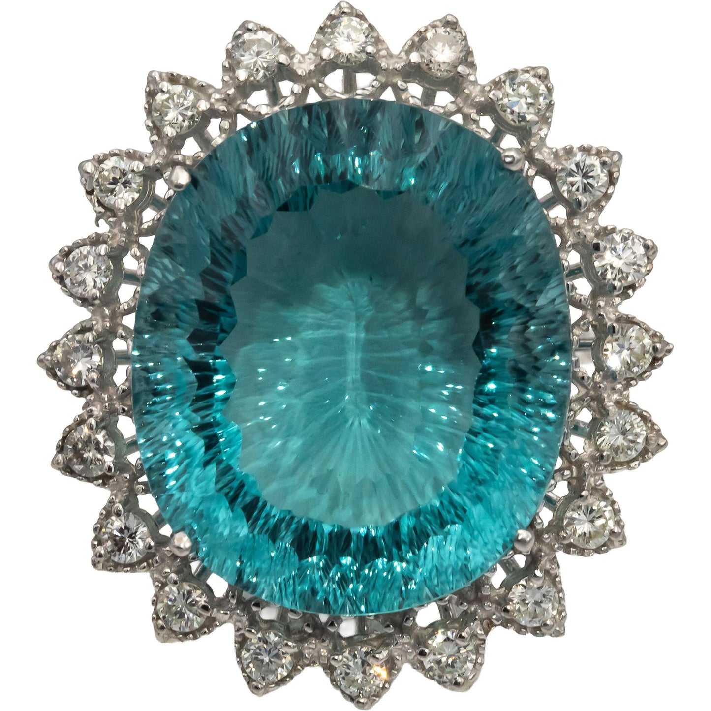 14k White Gold Oval Fantasy Cut Aquamarine & Round Diamond Cocktail Ring 36.0CTW