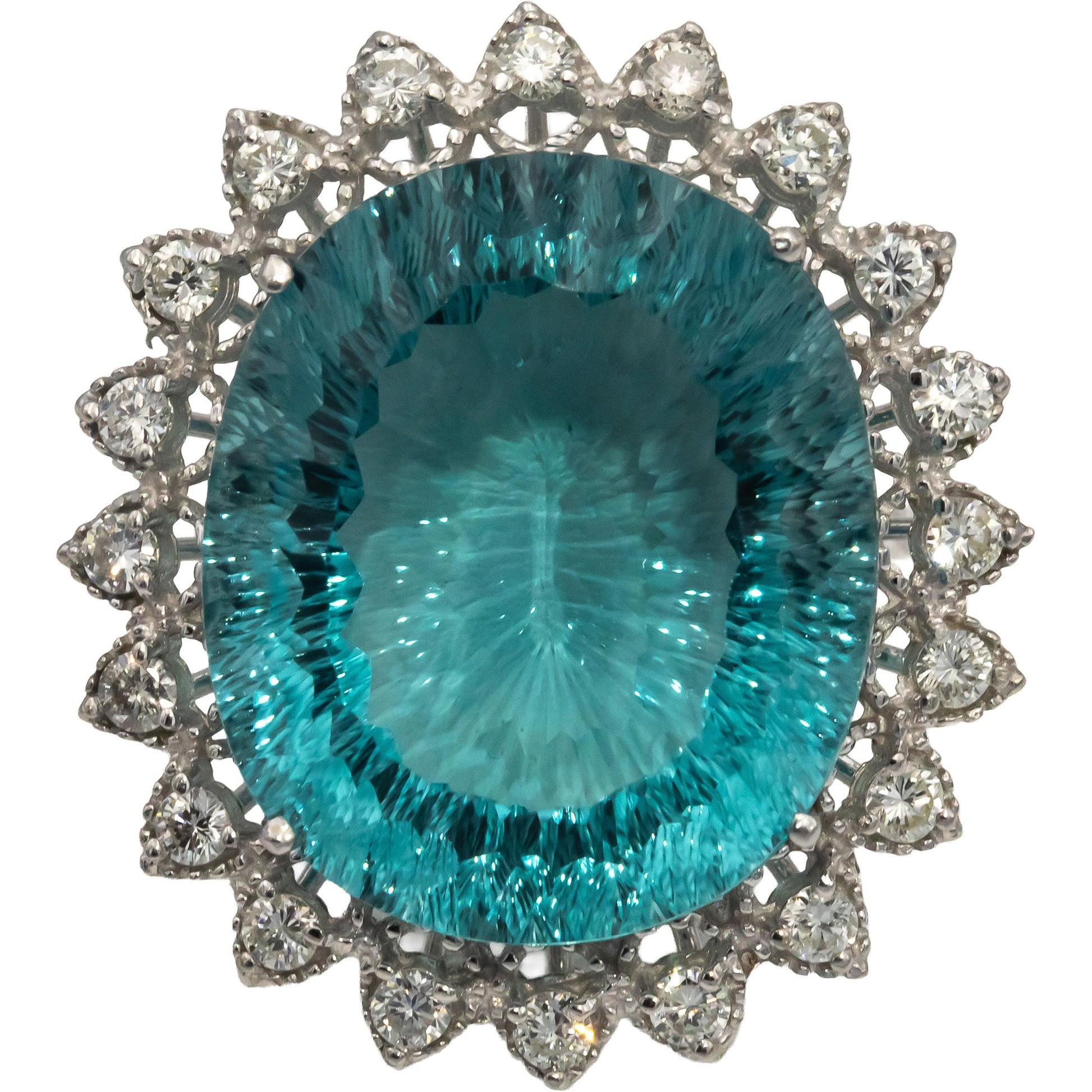 14k White Gold Oval Fantasy Cut Aquamarine & Round Diamond Cocktail Ring 36.0CTW