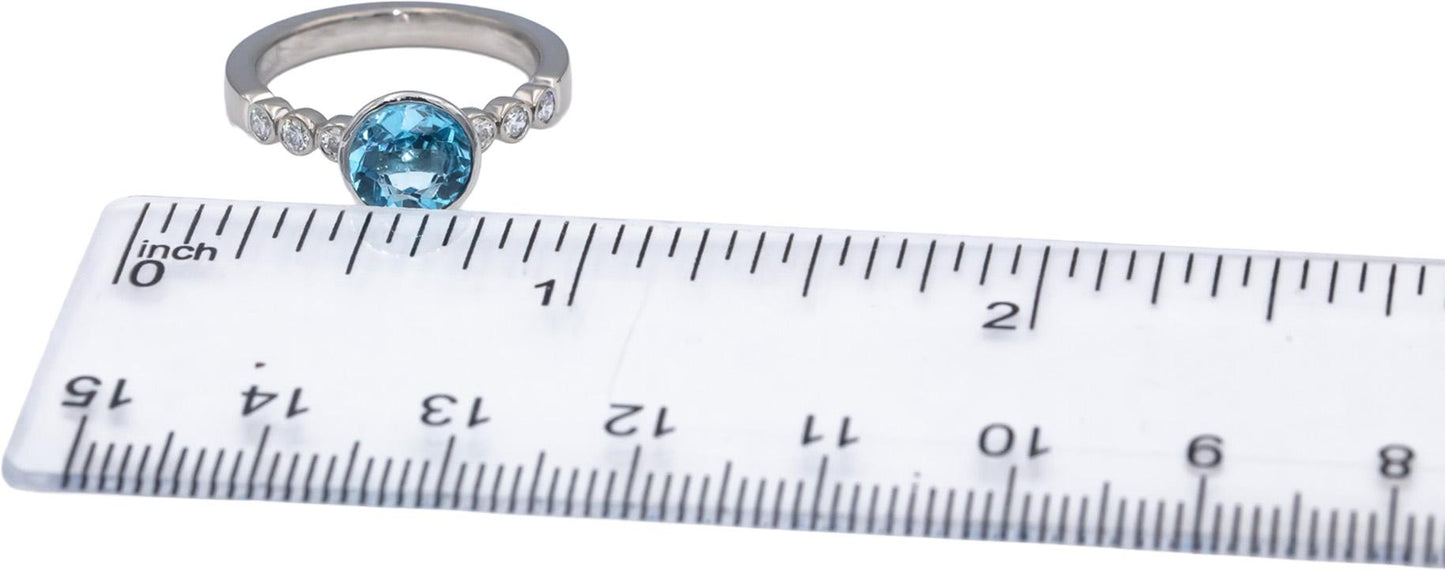 18k White Gold Round Bezel Set Blue Topaz & Diamond Cocktail Ring 1.87CT Size 6