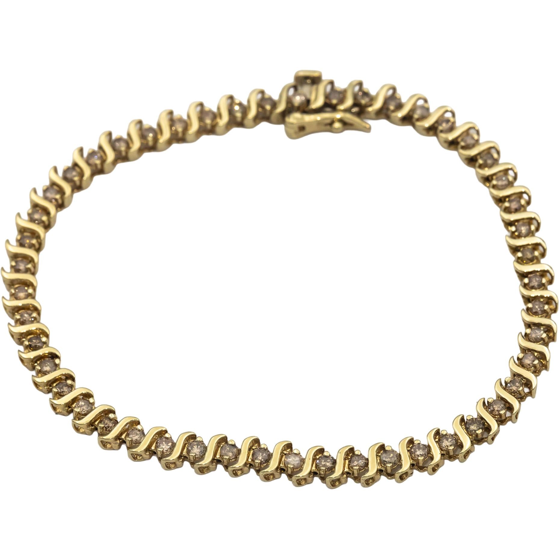 10k Yellow Gold Round Champagne Diamond S-Link Tennis Bracelet 1.50CTW