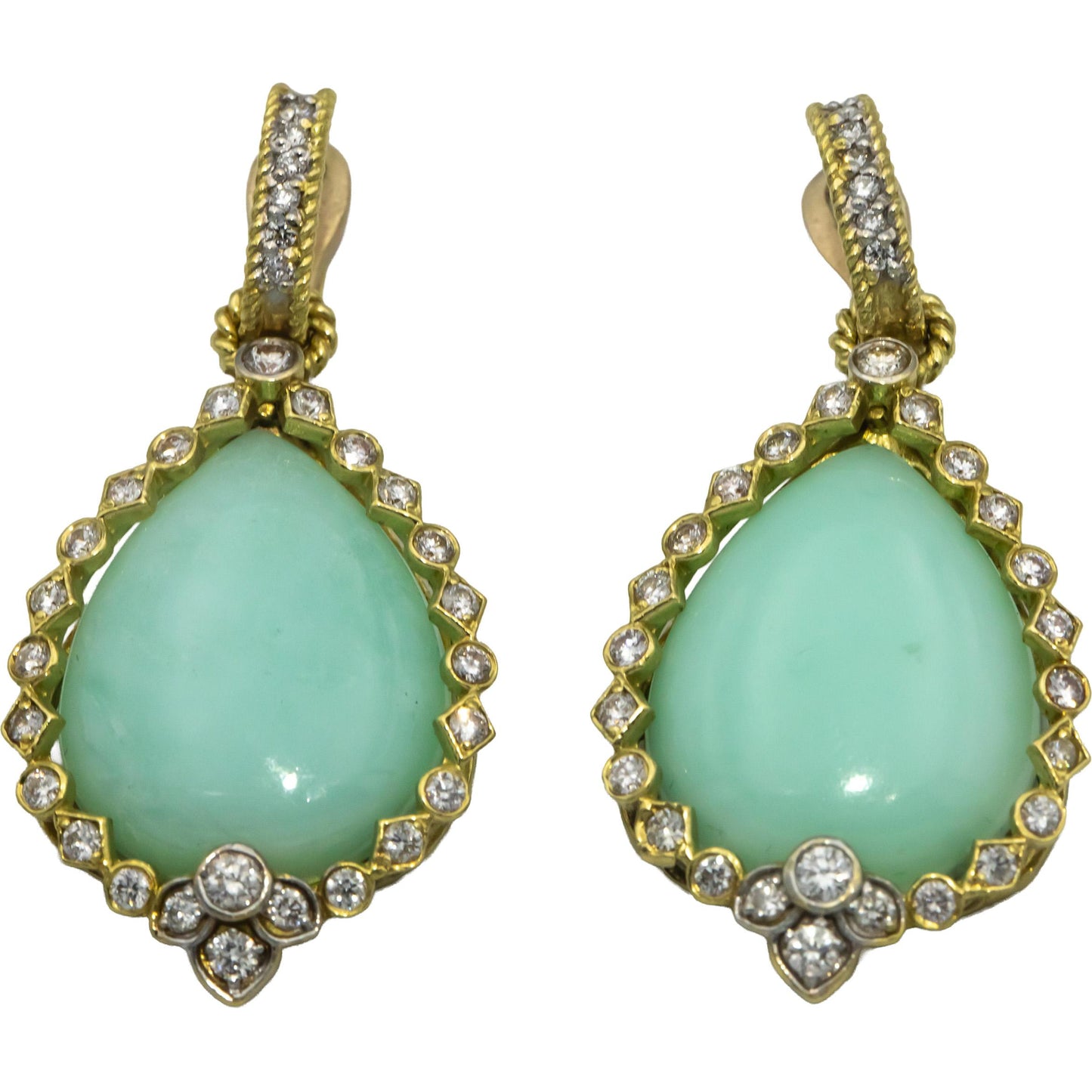 STAMBOLIAN 18k Yellow Gold Mint Chrysoprase & VS Diamond Earrings 29.18CTW