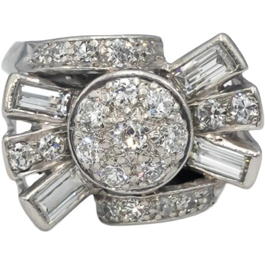 Vintage Antique Platinum VS Round and Emerald Cut Diamond Ring 1.0CT Size 4.5