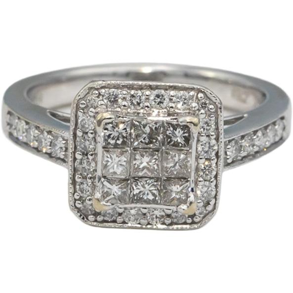 14k White Gold Princess and Round Diamond Cluster Cocktail Ring 0.60CT Size 7