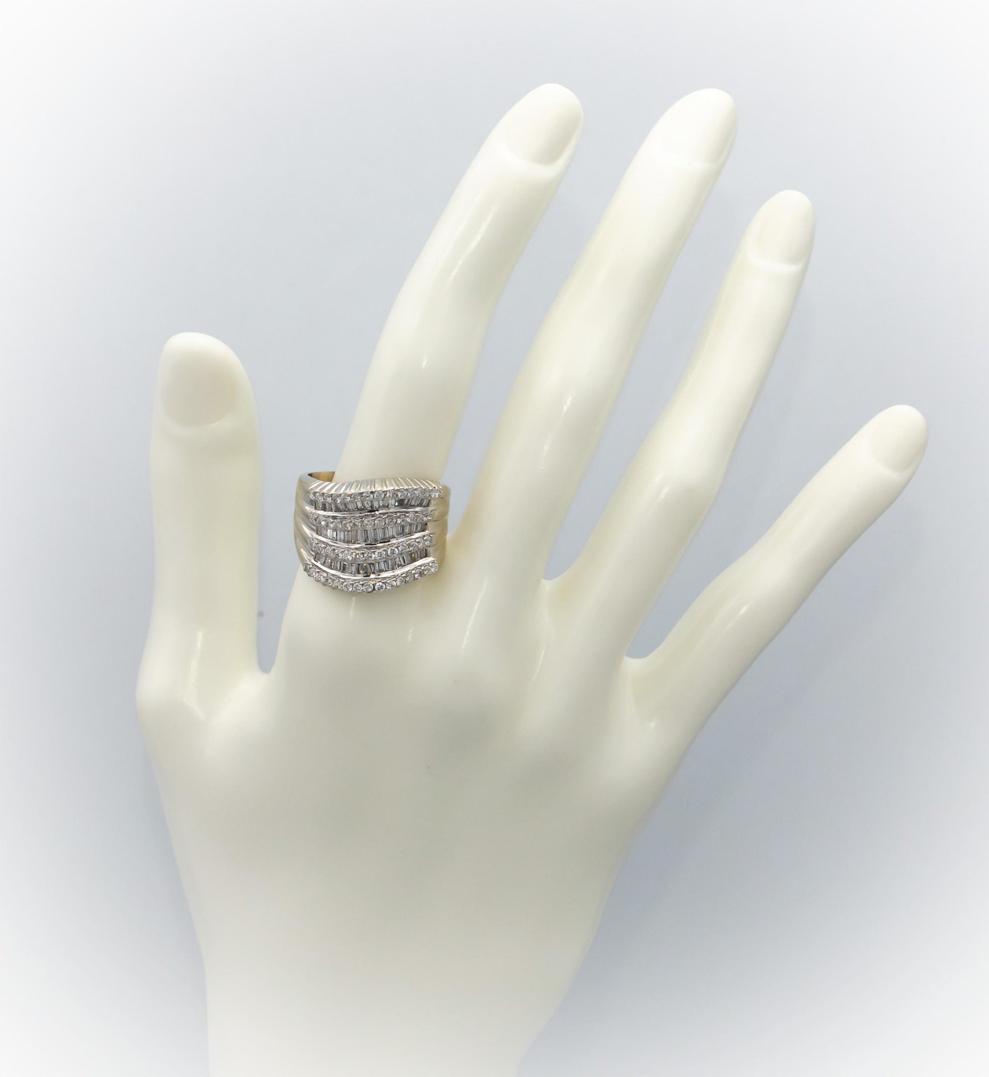 14k White Gold Round and Baguette Diamond Wide Wavy Band Ring 1.50CT Size 8.25