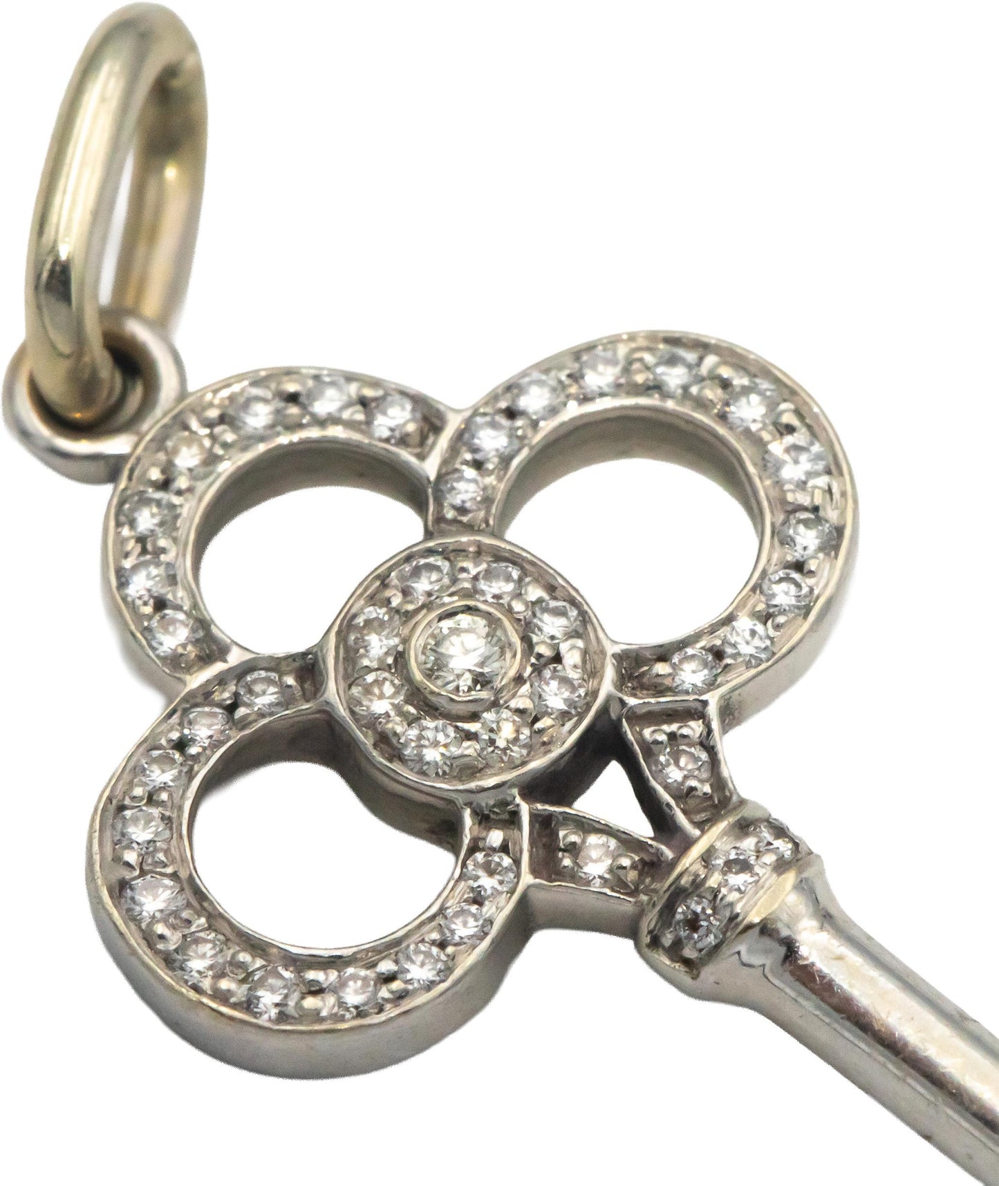 TIFFANY & CO. 18k White Gold Round Diamond Crown Key Pendant 0.11CT w/ Pouch