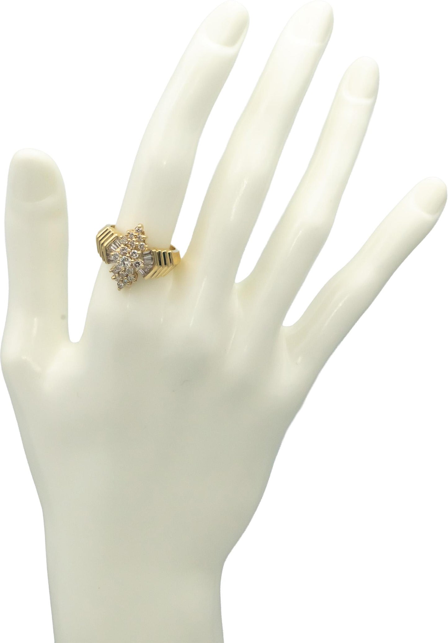 14k Yellow Gold VS Round and Baguette Cut Diamond Cocktail Ring 1.0CT Size 7.25