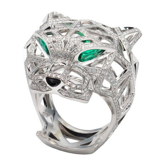 CARTIER 18k White Gold Panthere De Cartier Diamond Gemstone Ring $90,500 Retail