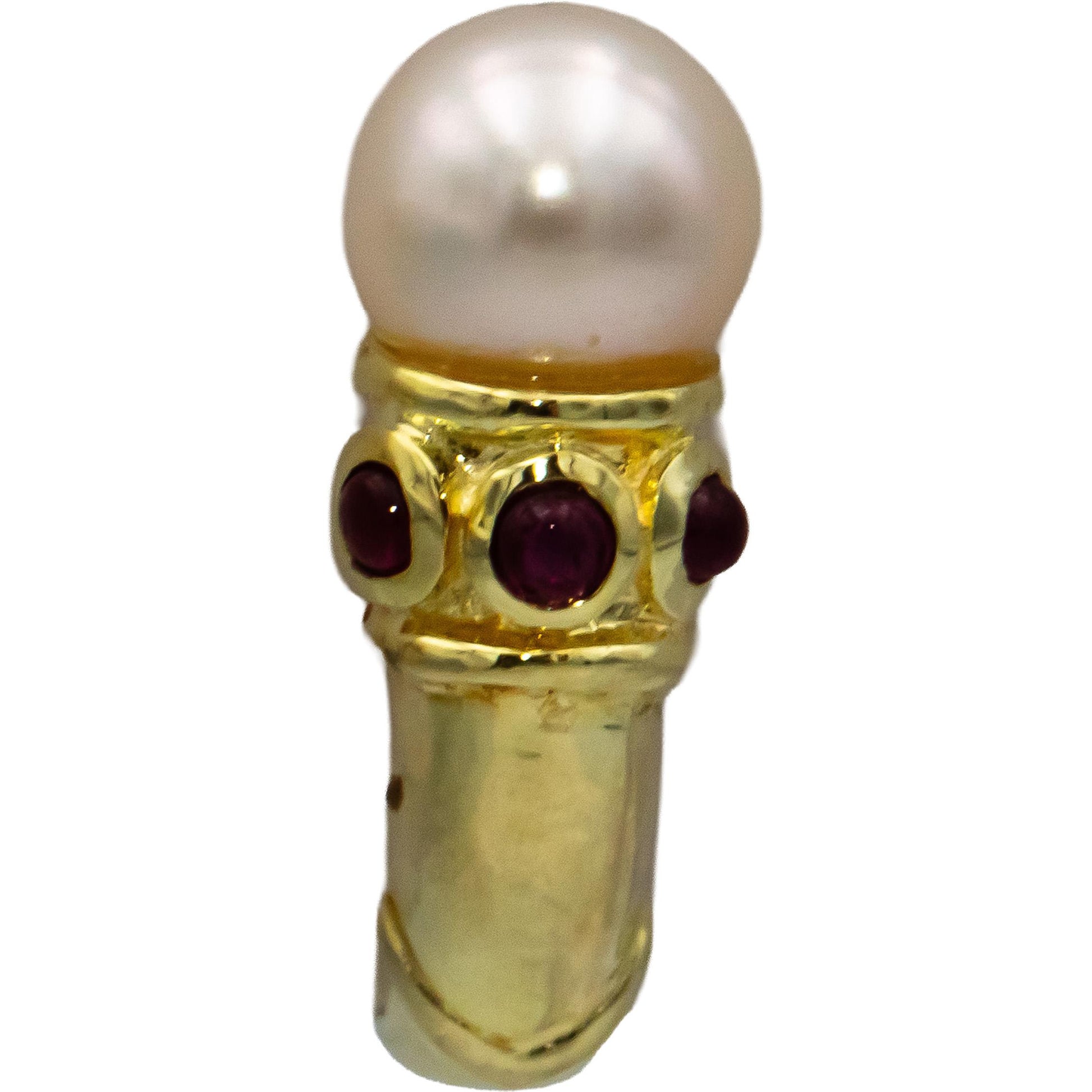 14k Yellow Gold Pearl Dangle Earrings w/ Cabochon Ruby Accents