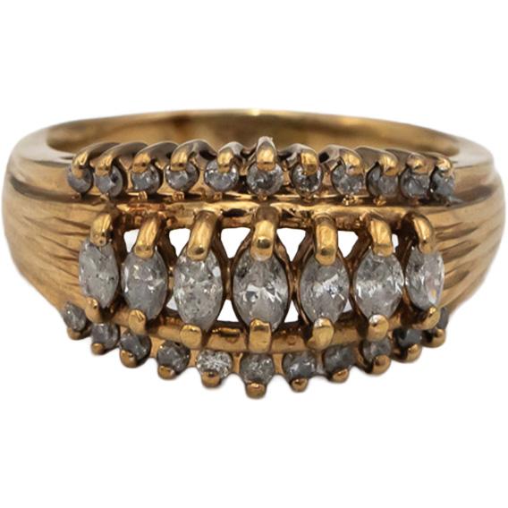 10k Yellow Gold Marquise and Round Diamond Cocktail Ring 0.90CT Size 9