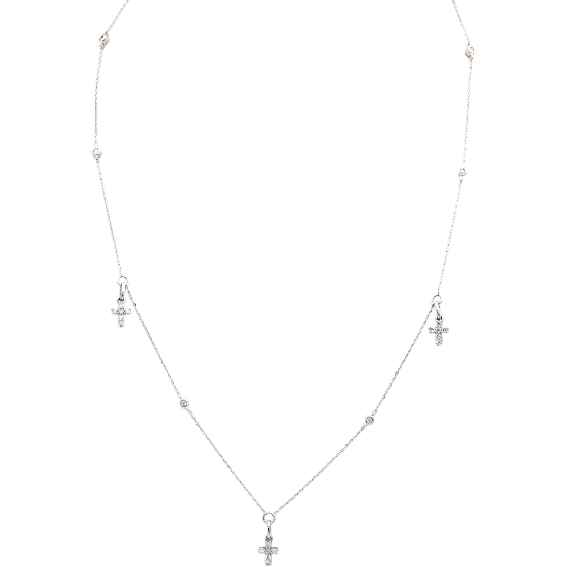 10k White Gold Round Diamond By The Yard Cross Dangle Necklace 0.34CT