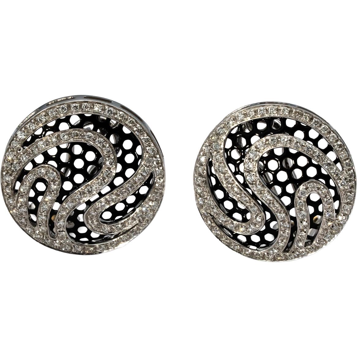 18k White Gold & Rhodium VS Round Diamond Circle Swirl Earrings 1.0CT