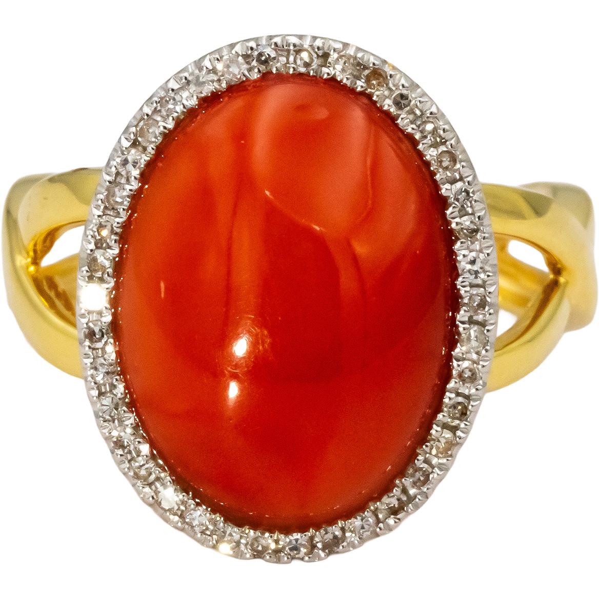 14k Yellow Gold Cabochon Coral Round Diamond Cocktail Ring 0.25CT Size 7