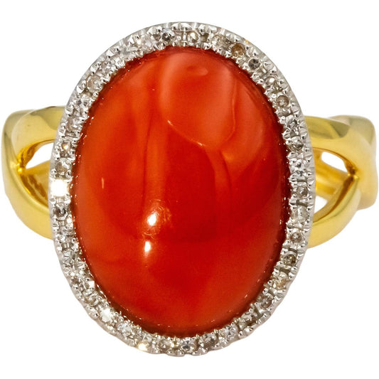 14k Yellow Gold Cabochon Coral Round Diamond Cocktail Ring 0.25CT Size 7