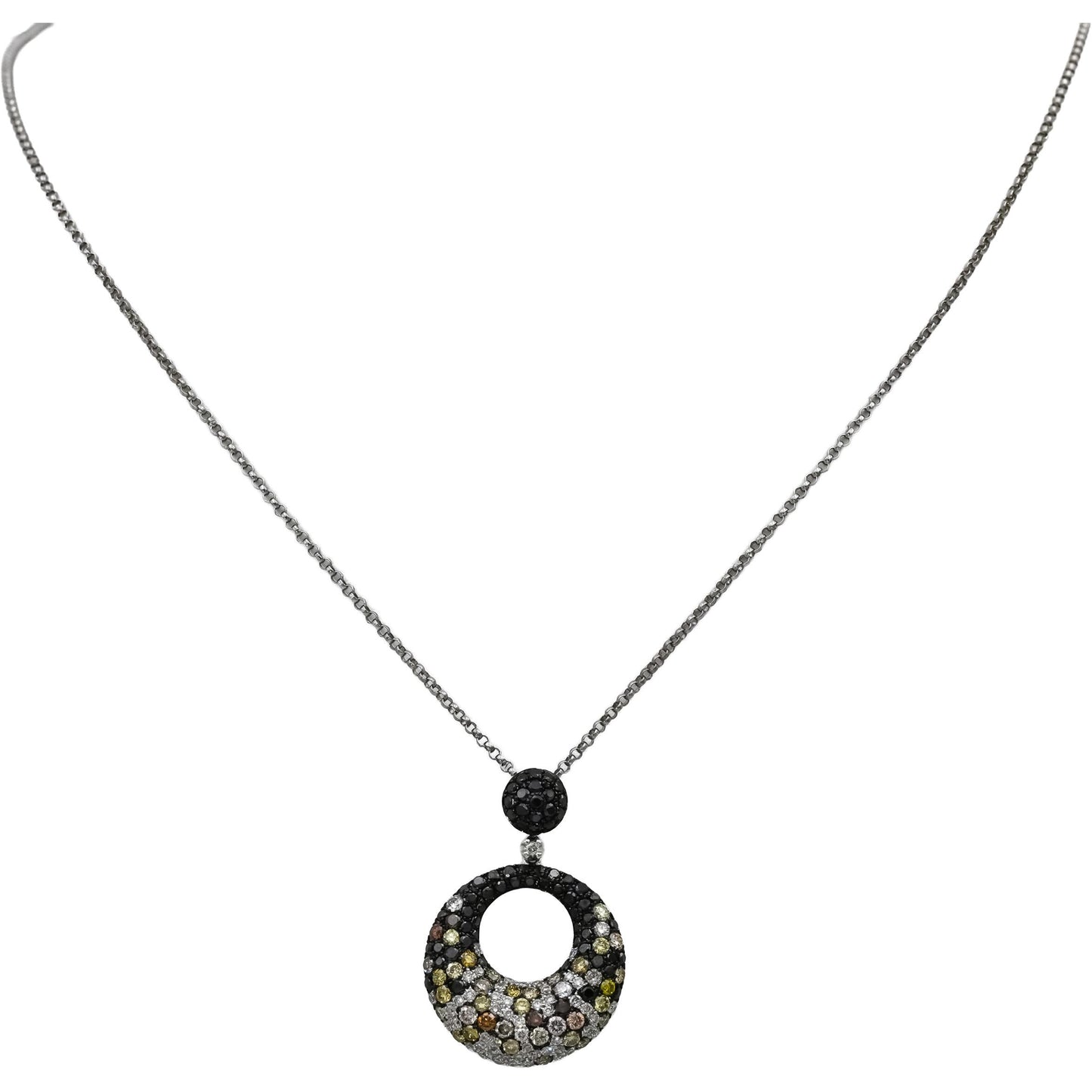 14k White Gold Round Black and Multi-Color Diamond Pendant Necklace 1.70CT