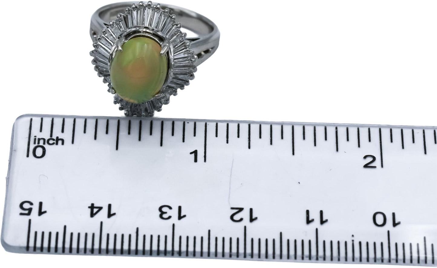 Platinum Cabochon Opal and Baguette Cut Diamond Cocktail Ring 2.98CTW Size 6.25