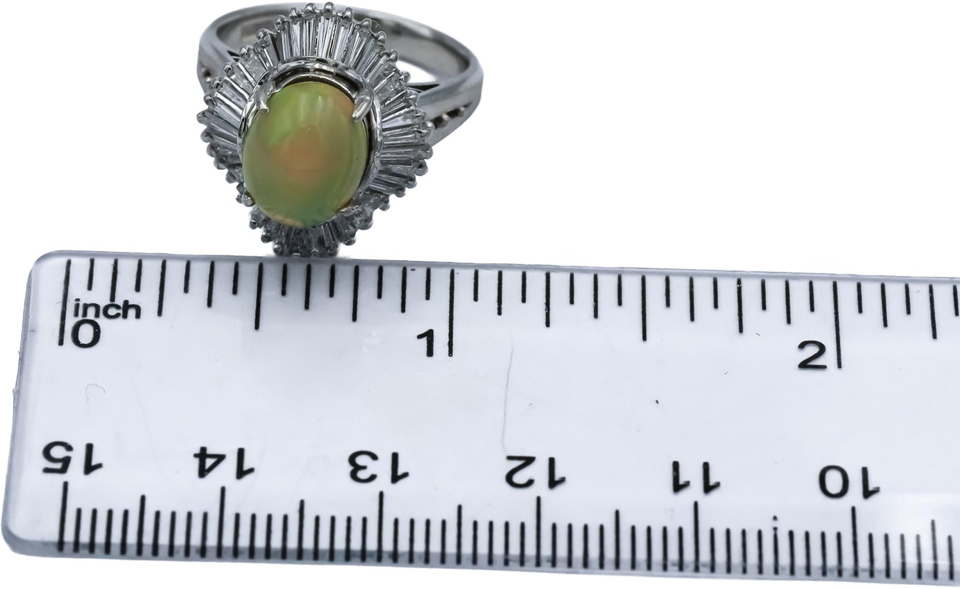 Platinum Cabochon Opal and Baguette Cut Diamond Cocktail Ring 2.98CTW Size 6.25