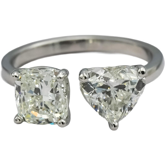 GIA Certified 18k White Gold Cushion & Heart Cut Two Stone Diamond Ring 3.21CT