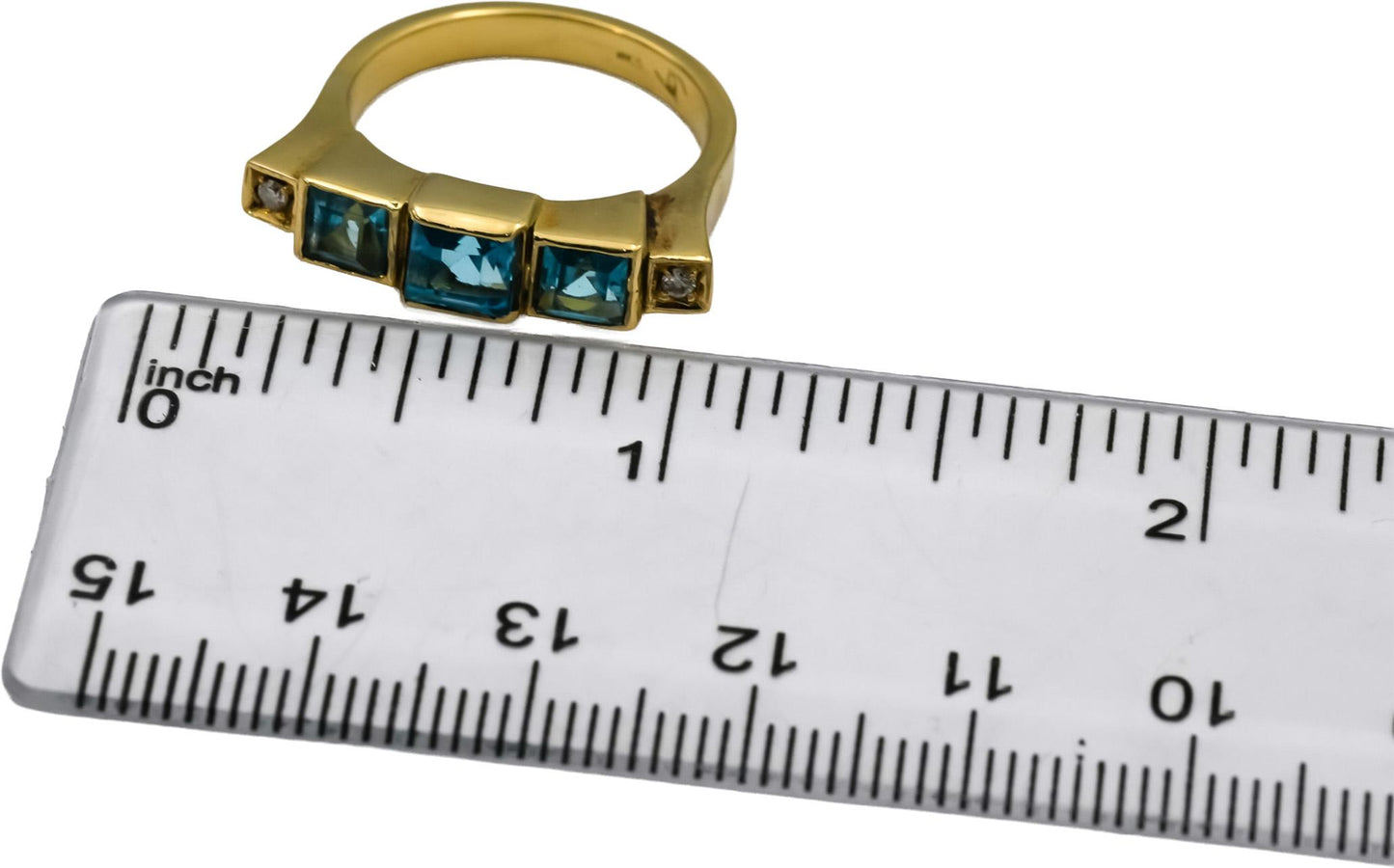18k Yellow Gold Square Blue Topaz & Round Diamond Band Ring Size 7