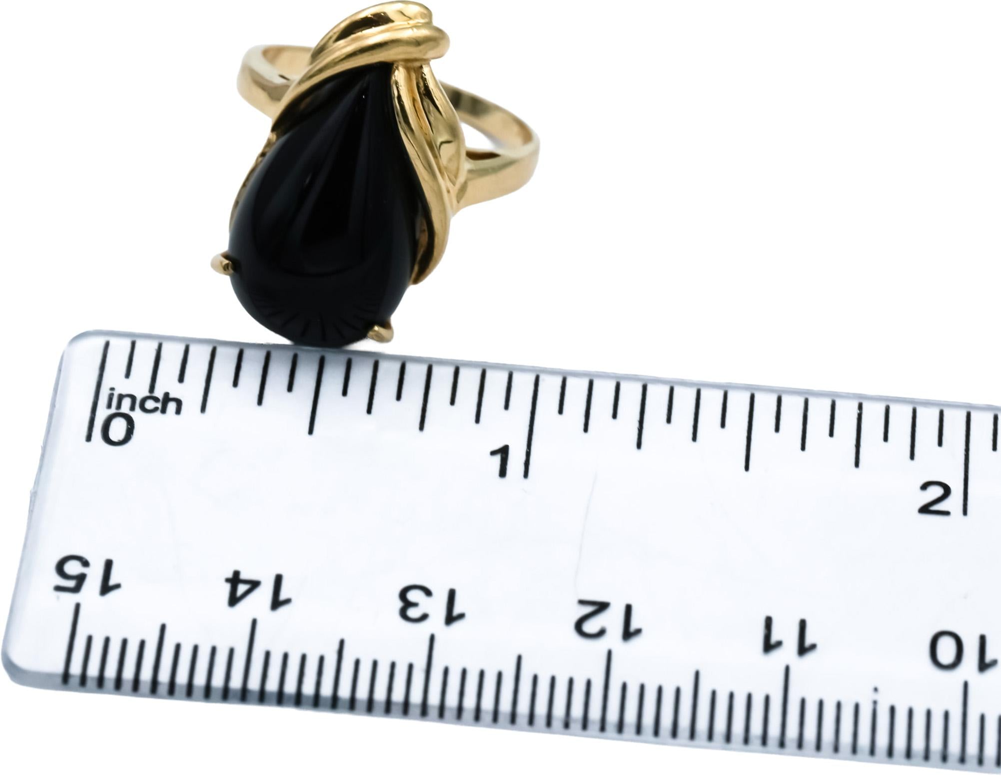 14k Yellow Gold Pear Cabochon Cut Onyx Solitaire Ring Size 7