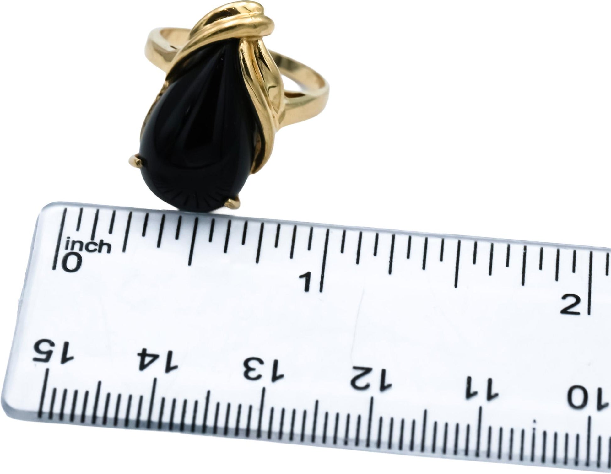 14k Yellow Gold Pear Cabochon Cut Onyx Solitaire Ring Size 7