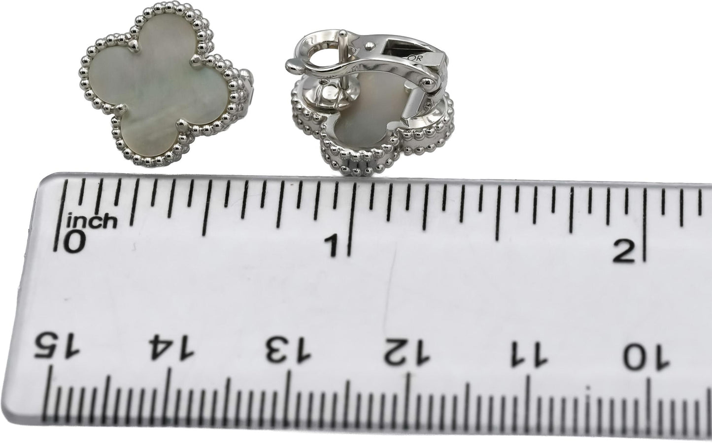 VAN CLEEF & ARPELS 18k White Gold Alhambra Mother of Pearl Earrings w Box Papers