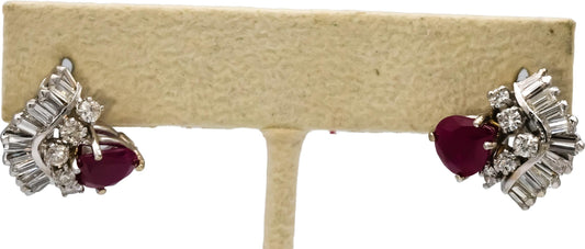 14k White Gold Round and Baguette Diamond and Pear Ruby Earrings 3.50CT